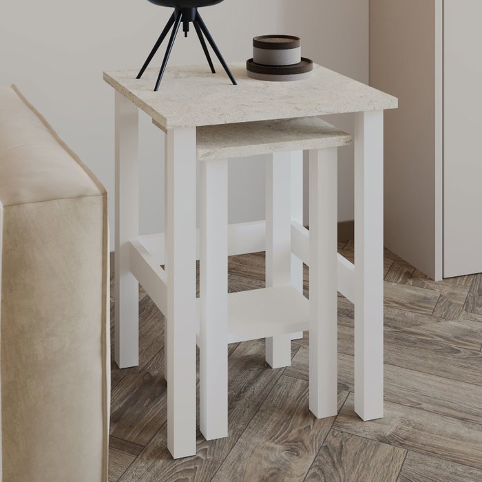 Hanah Home Gina 2 Juego de Mesas Auxiliares Blanco y Travertino Hanah Home Gina 2 Juego de Mesas Auxiliares Blanco y Travertino